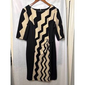 Julian Taylor New York Black‎ Cream Zigzag Sheath Dress  12 Geometric Ring Side